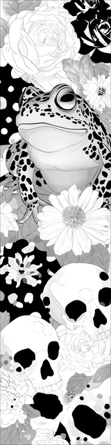 Free printable frog bookmark to color featuring skulls and a frog